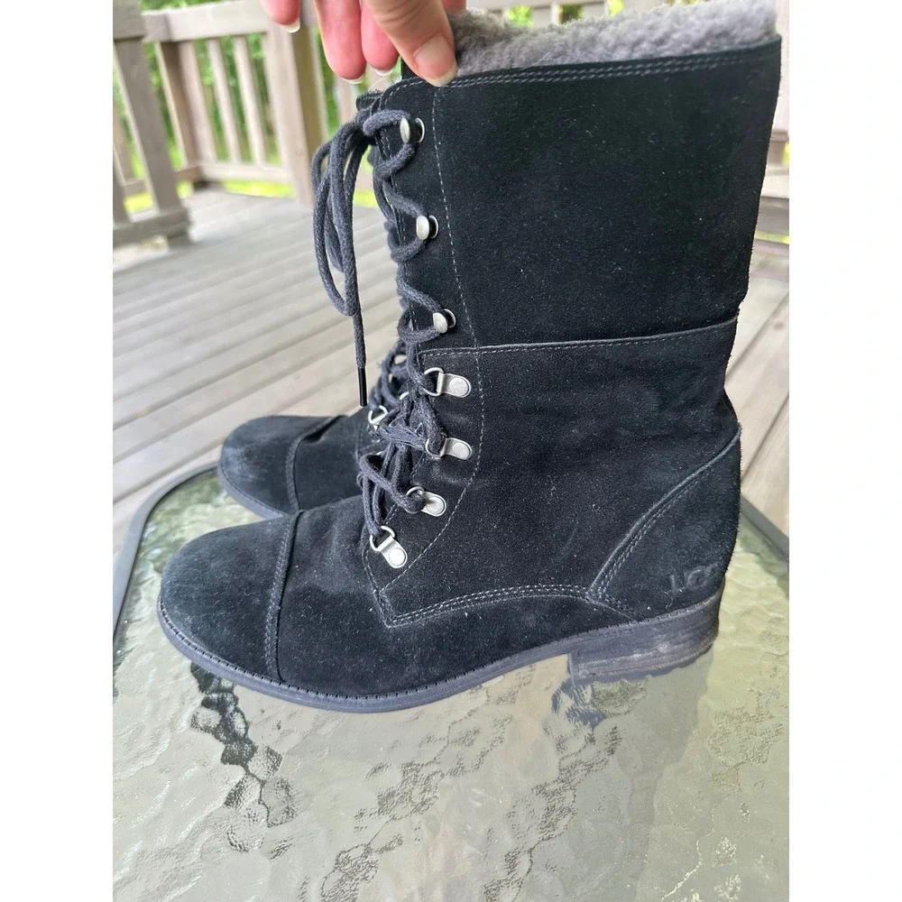UGG Black Suede Leather Lace Up‎ Shearling Lined Winter Boots Women's Size 10